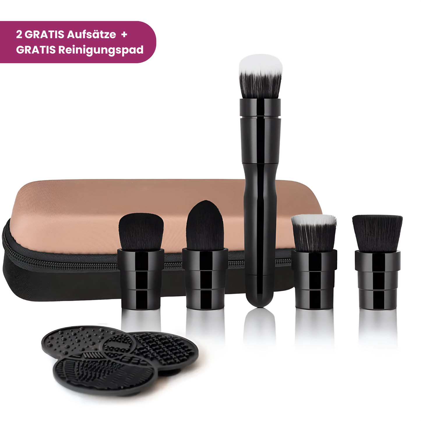 GlowSpin Beauty Pro Set: Elektrische Make-up Brush mit 3 Profi-Aufsätzen + 2 Gratis & Reinigungsmatte